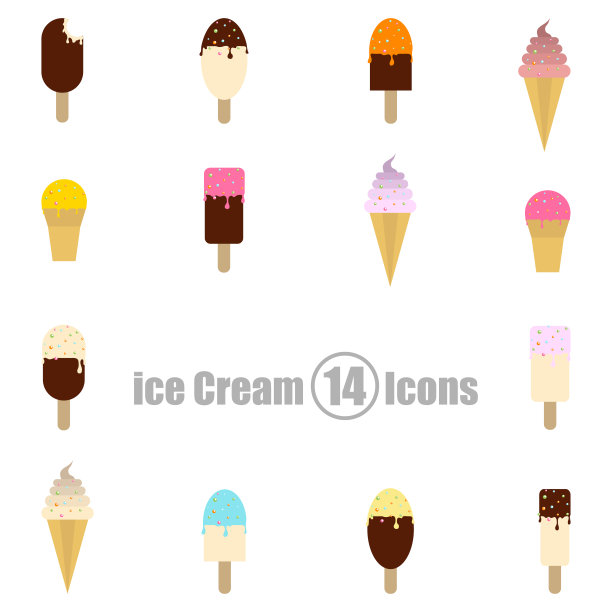 一套14个图标的冰淇淋在一个平坦的风格图片下载
