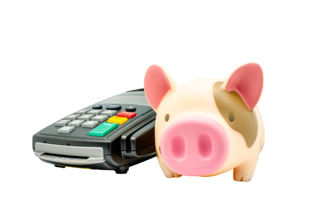 信用卡读卡机和储蓄罐。图片下载