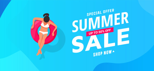 年轻女子游泳，在游泳池救生圈上晒。夏季促销横幅设计图片下载