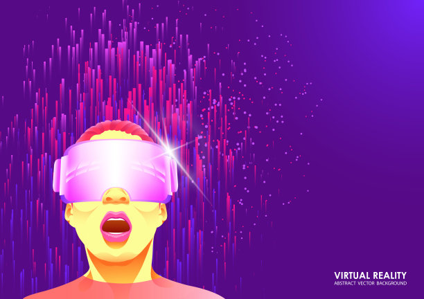 虚拟现实眼镜。戴着vr头盔的女人。抽象的蓝色图片。线条组成的未来发光的背景。互联网、通信。图片下载