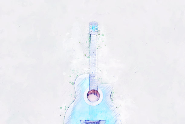 抽象的蓝色形状在原声吉他上的水彩插画背景。图片下载