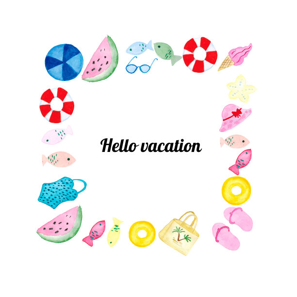 水彩插画你好夏天。夏天的框架。沙滩和阳光。刻字夏天图片下载