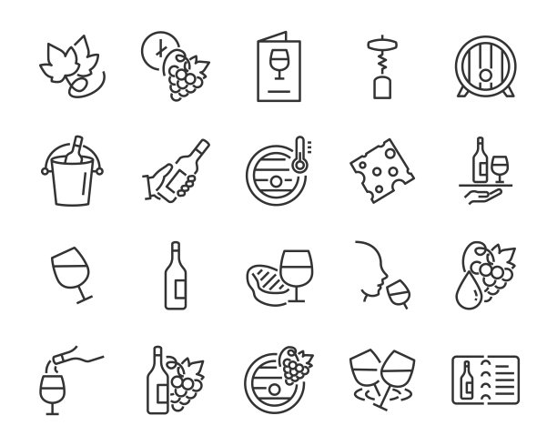 一套葡萄酒图标，如葡萄，奶酪，桶，瓶子，玻璃图片下载