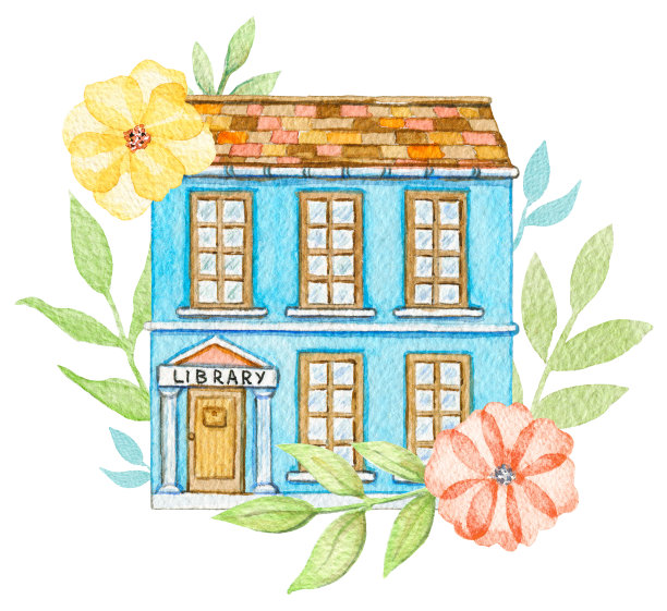 水彩蓝色卡通图书馆建筑中的花卉图片下载
