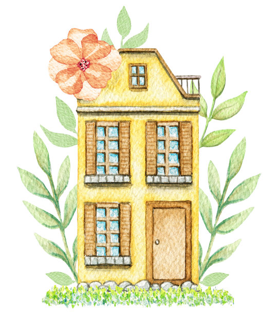 水彩黄色卡通可爱的两层花村舍图片下载