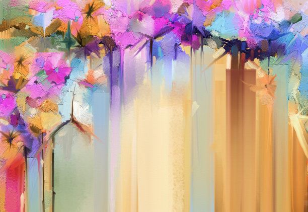 抽象多彩的油画，丙烯画春花。帆布上的手画笔触图片下载