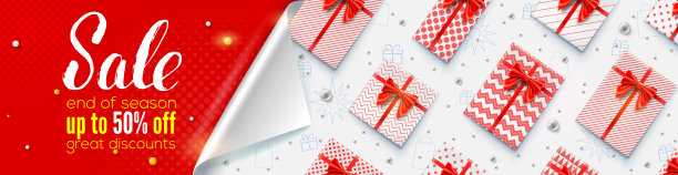 销售最高五折，限价出售。折角的横幅。红色背景上的促销格的销售和设计。白色背景的礼品盒和玩具。图片下载