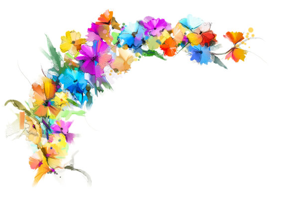 抽象油画花和叶。插图孤立的春天，夏天的花油漆设计在白色的背景。图片下载