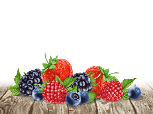 木桌上的手绘浆果。数字彩色。图片下载
