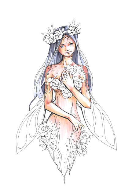 插图少女仙女仙女标记与花图片下载