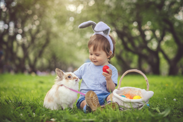 可爱的小男孩玩兔子和复活节彩蛋图片下载
