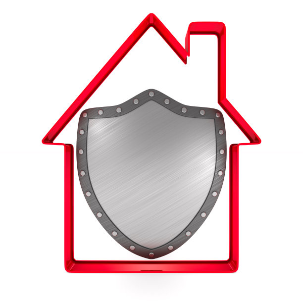 白色背景上的房子和盾牌。孤立的3 d演示。图片下载