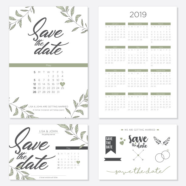 婚礼邀请矢量2019日历设计图片下载