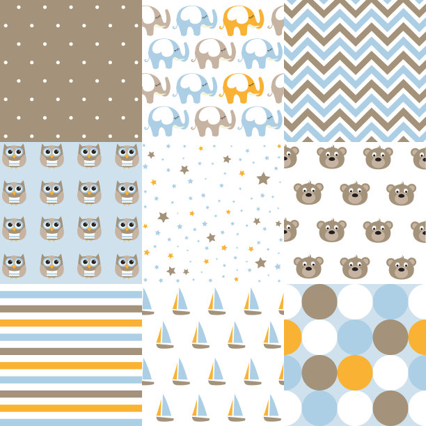 一套男婴图案。无缝模式向量。设计元素。图片下载