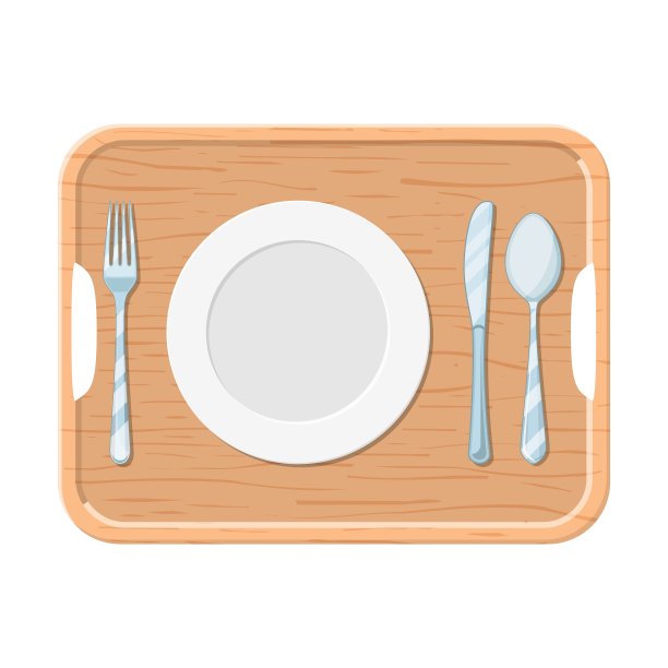 一个木制托盘与铁板刀叉隔离白色，俯视图图片下载