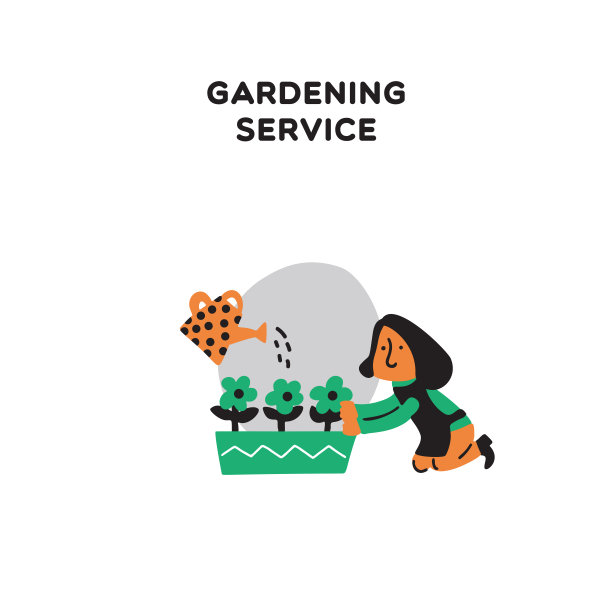 园艺服务。矢量插图的女人，照顾花。喷壶。涂鸦风格。图片下载