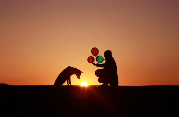 在夕阳的背景下，女孩带着彩色气球和一只狗。图片下载