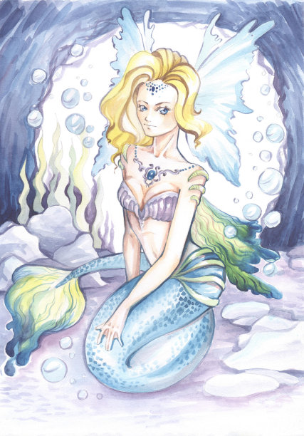 水彩画下的美人鱼坐在水下素材图片