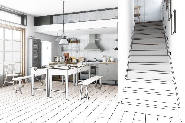 厨房:装修(规划)- 3d插图图片下载