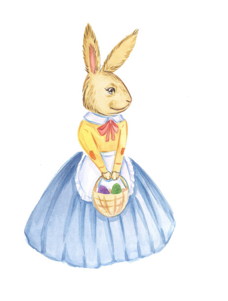 穿衣服的复活节兔子和篮子的水彩画插图图片下载