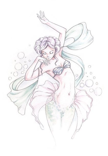 水彩画的美人鱼女孩在海上舞蹈素材图片