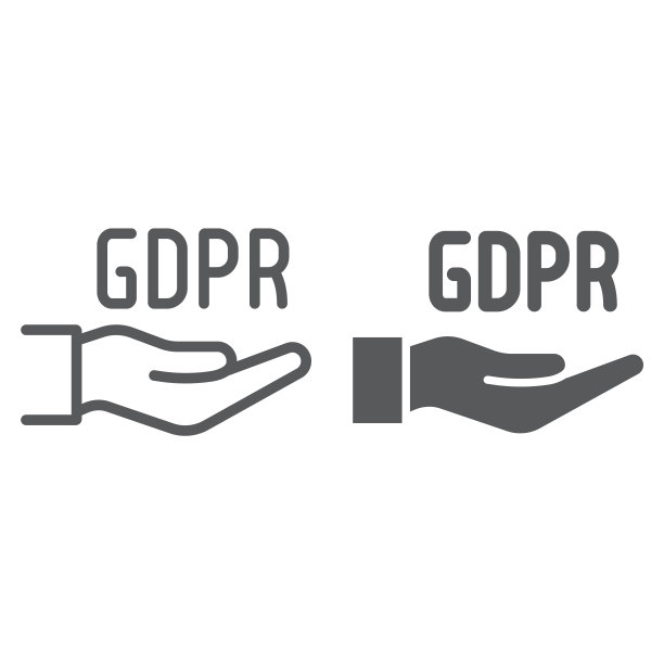 手上线条和字形图标上的GDPR，保护和安全，手臂标志，矢量图形，白色背景上的线性图案图片下载