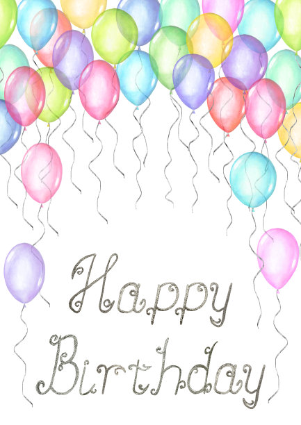 生日快乐的背景。水彩手绘模板与气球和字母贺卡。图片下载