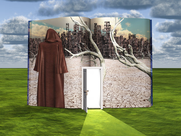 书中充满了科幻场景和打开的光明之门图片下载