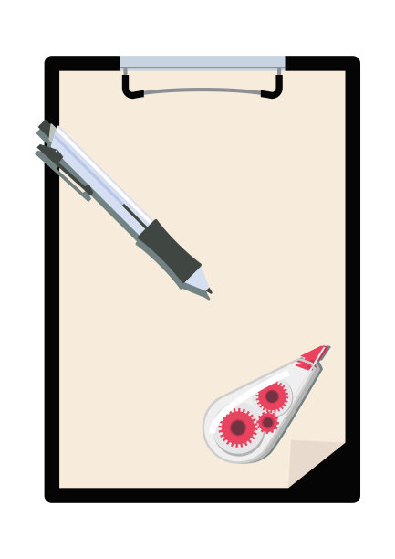 剪贴板和笔的布局。剪贴艺术的记事本。书写材料和记事本。素材图片