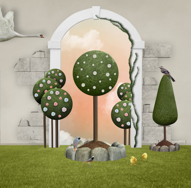 有小鸡的超现实庭院图片下载