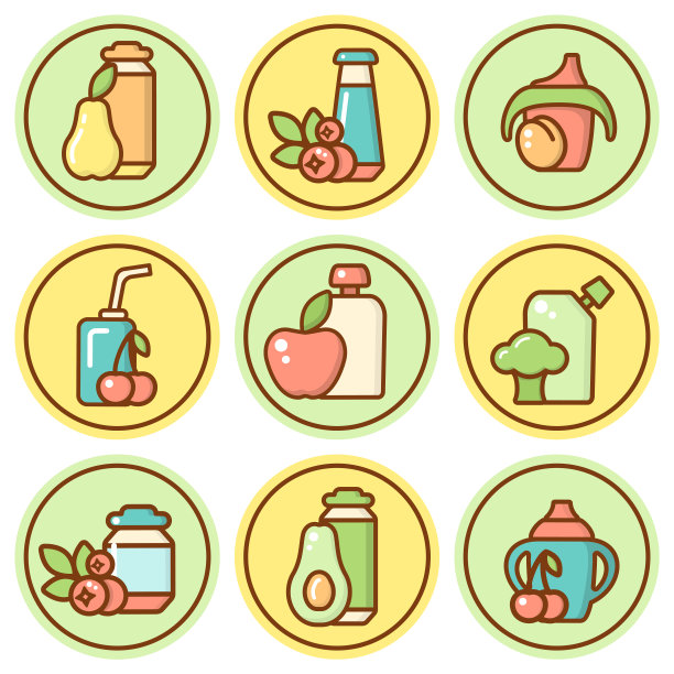 婴儿食品卡通图标集图片下载