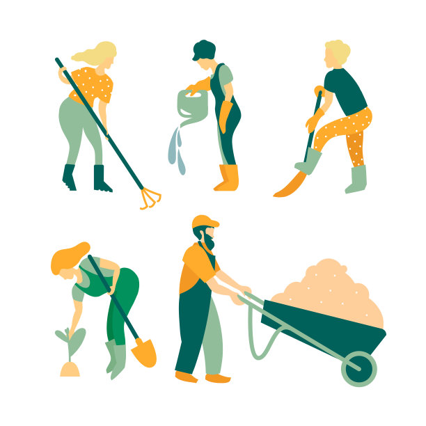 园艺。照料植物的一组物品和人员。园丁男男女女，护理工具，树木和植物。矢量插图。图片下载