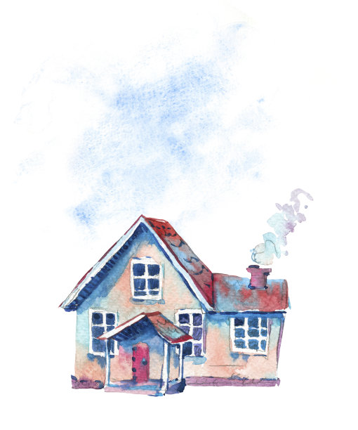 水彩可爱的房子。手绘甜蜜的家庭贺卡图片下载