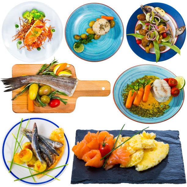 盘子上有不同的鱼，在白色的背景上孤立图片下载