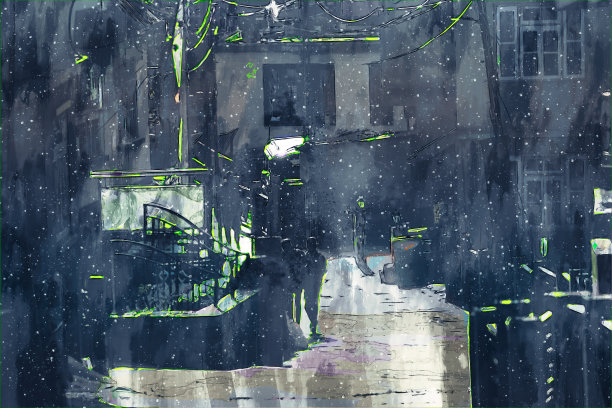 数字画的建筑在黑暗的色调，城市在白天的时间与行走的人图片下载