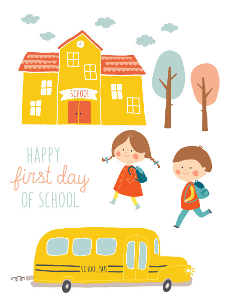 快乐的第一天学校卡片设计。孩子们去上学。可爱的男孩和女孩有教学楼和校车。卡通矢量剪辑艺术eps 10插图上的白色背景。手刻字。图片下载