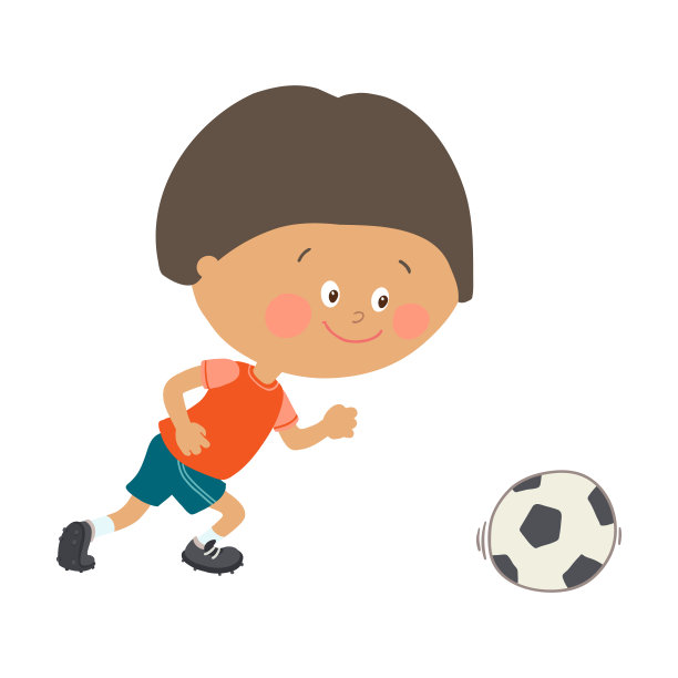 小男孩在足球场踢足球。孩子踢足球。可爱快乐的孩子玩球。卡通矢量eps 10插图在白色的背景。图片下载