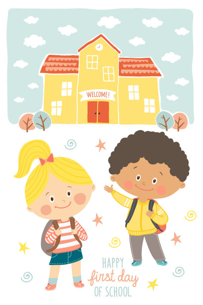 快乐的第一天学校卡片设计。孩子们去上学。穿着校服背着书包微笑的男孩和女孩在校园里。学校建筑外部。卡通矢量插图在平面风格。图片下载