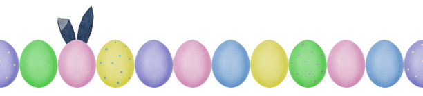 近距离拍摄的彩色复活节彩蛋与蛋壳纹理排列在一排。一个有牛仔布兔耳朵的鸡蛋。无缝模式。孤立在白色背景上。图片下载