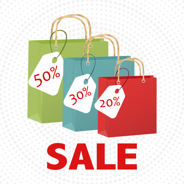 三个彩色的纸购物袋与处理和销售文字在一个白色的背景。图片下载