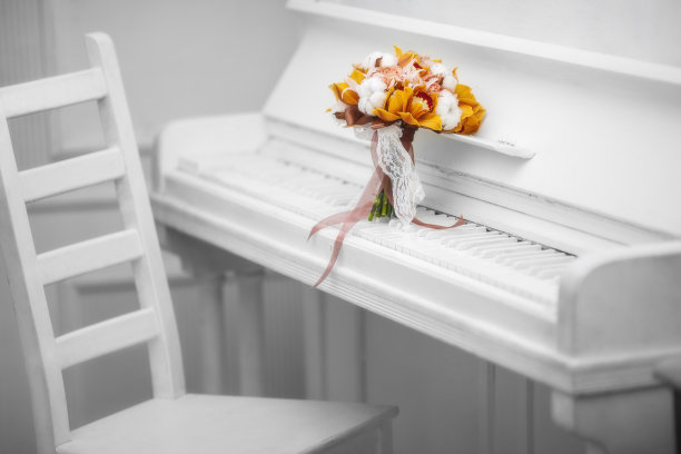 白色钢琴上放着一束漂亮的棉花。图片下载