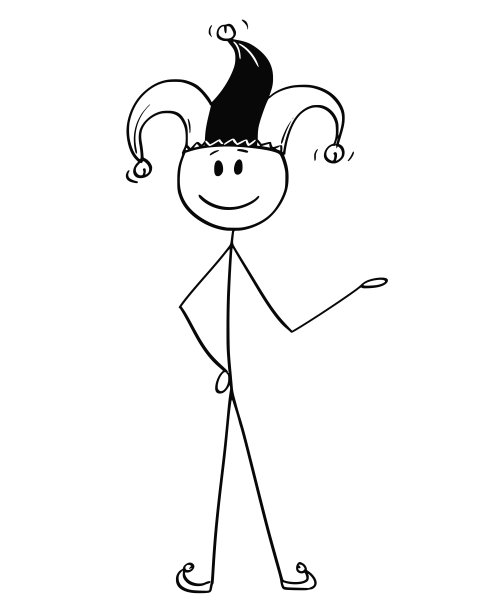 卡通的微笑的人或商人在小丑服装展示或提供东西图片下载