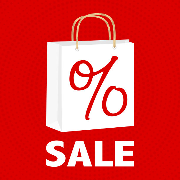 白色的纸购物袋与处理和销售文字在一个红色的背景图片下载