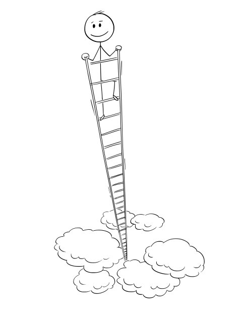 微笑的男人或商人从非常高的梯子的顶端环顾四周的卡通图片下载