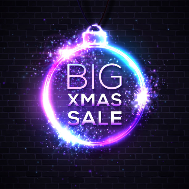 大圣诞销售。折扣横幅上的黑色砖纹理墙。圣诞装饰球形框架。带电发光的电缆与粒子闪光闪光。80年代装饰圆矢量插图。图片下载