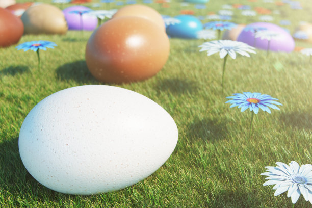 在一个阳光明媚的日子里，草地上有五颜六色的鸡蛋，还有美丽的花朵。复活节彩蛋彩绘在草地、草坪上。概念:在星期天寻找复活节彩蛋。4月复活节象征节日，3D插画图片下载