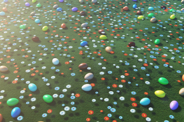 在一个阳光明媚的日子里，草地上有五颜六色的鸡蛋，还有美丽的花朵。复活节彩蛋俯瞰草地、草坪。概念:在星期天寻找复活节彩蛋。4月复活节象征节日，3D插画图片下载