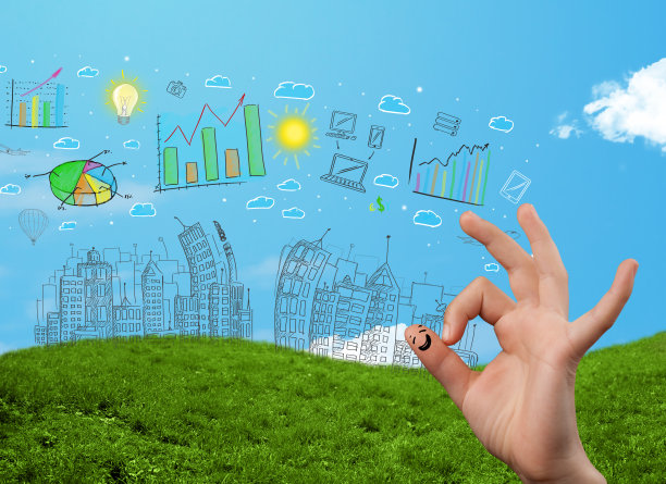 幸福的笑脸手指看着手绘的城市城市景观图片下载