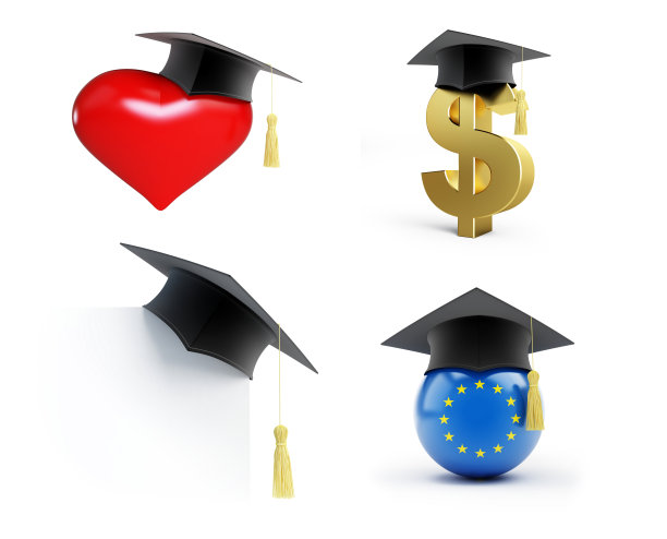 教育设置毕业帽上的白色背景3D插图，3D渲染图片下载