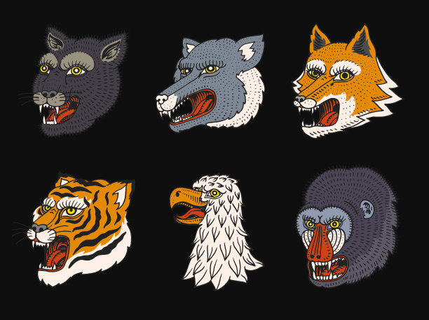 野生动物捕食者的首领。美洲狮，狼，狐狸，老虎，鹰，猎鹰，猴脸。日本风格的肖像画。手绘雕刻单色旧素描复古符号。关闭了。图片下载